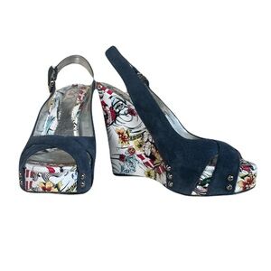 Zinc Navy Blue Floral Platform Wedge Sandals